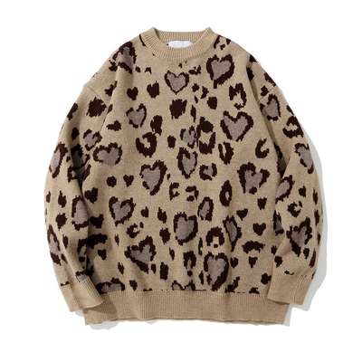 70% Polyester 30% Cotton Leopard Print Sweater Round Collar Loose Pullover For Women
