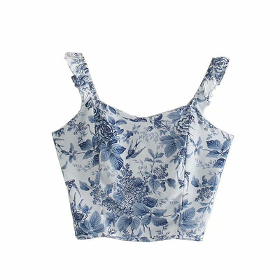 S-5XL Vintage Women Sleeveless Tank Tops Cotton Poplin Floral Crop Top