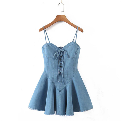 OEM Street Style Denim Slip Dress Hot Girl Spring Summer Denim Tie Waist Dress