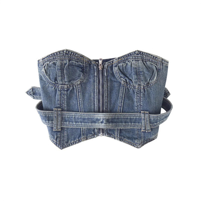 Blue Denim Women Sleeveless Tank Tops Zipper Short Wipe Bosom