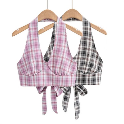 Deep V Neckline Purple white black Plaid Crop Vest womens cotton sleeveless tops