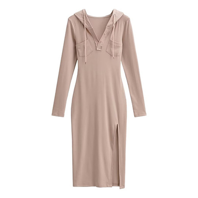 Summer V Neck Long Sleeved Slim Hooded Dress With Side Slit Buttock Skirt