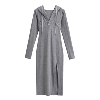 Summer V Neck Long Sleeved Slim Hooded Dress With Side Slit Buttock Skirt