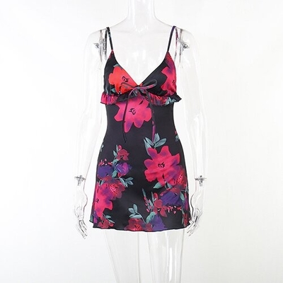 OEM maufactory European and American  polyrster sleeveless short skirt sexy V -neck rose printed ruffled camisole dress
