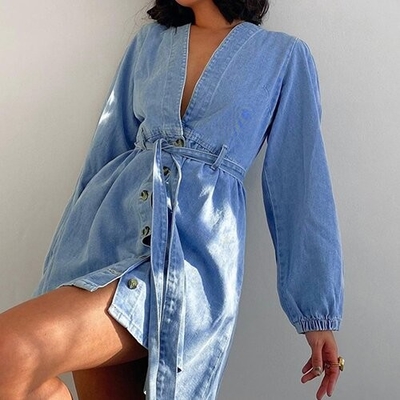 OEM maufactory European American Cross Border Polyester V Neck Long Sleeved Dress