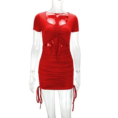 OEM maufactory  Polyester maufactory Cross Border Women'S European American Vedic Tie Dress Hollow Short Sleeved