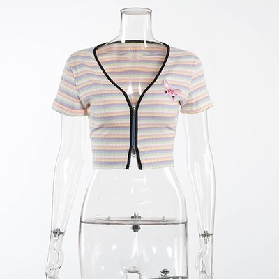 OEM maufactory Keliou Foreign Trade polyester  cross -border European and American  sexy short zipper rainbow t -shirt