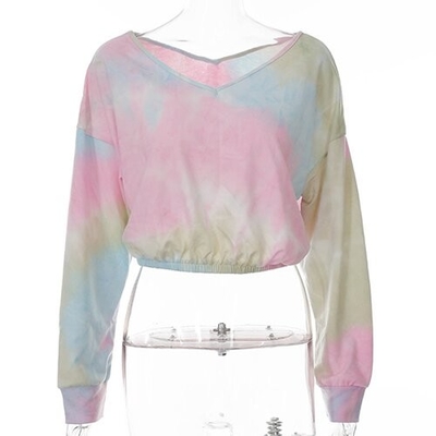 OEM maufactory European and American  polyester new long -sleeved V -neck loose band -dyeing printed short T -shirt w
