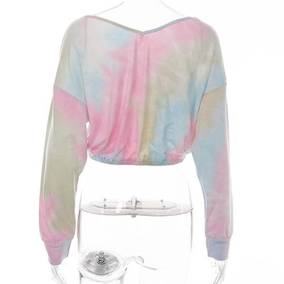 OEM maufactory European and American  polyester new long -sleeved V -neck loose band -dyeing printed short T -shirt w
