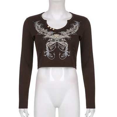 OEM Retro Wind Butterfly Print Long Sleeve T Shirt V Neck Tightened Navel Short