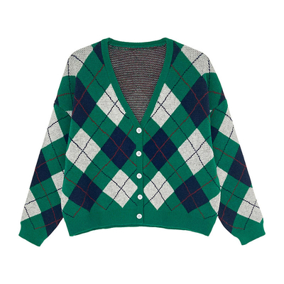 V Neck Button Tartan Design Bespoke Sweaters Cropped Long Sleeve Knitted Sweater