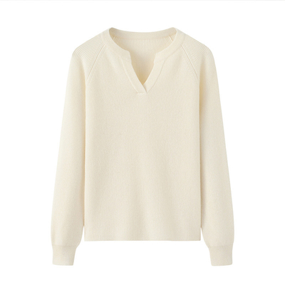 Custom Women Cashmere Sweater Beige Casual Soft V Neck Winter Tops
