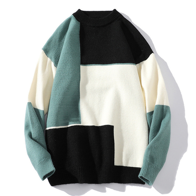 Acrylic Men Crew Neck Sweater White Black Green Color Block Knitted Oversize Sweater