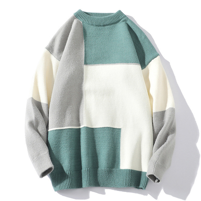 Acrylic Men Crew Neck Sweater White Black Green Color Block Knitted Oversize Sweater