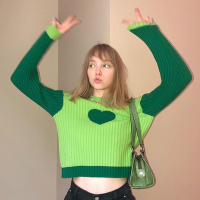 Custom O Neck Girl Long Sleeve Sweater Viscose Two Pieces Top With Heart