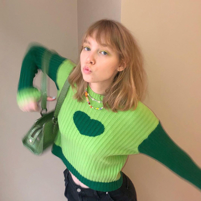 Custom O Neck Girl Long Sleeve Sweater Viscose Two Pieces Top With Heart