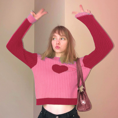 Custom O Neck Girl Long Sleeve Sweater Viscose Two Pieces Top With Heart