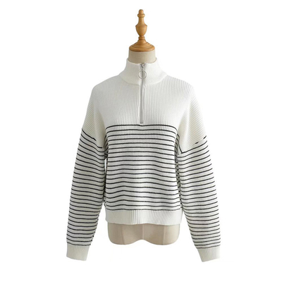 100% Polyester 7GG Color Block Striped Sweater Soft Knitted Tops With Zipper