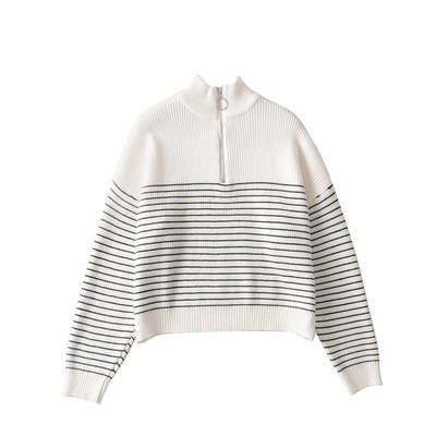 100% Polyester 7GG Color Block Striped Sweater Soft Knitted Tops With Zipper