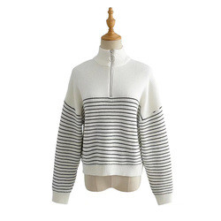 100% Polyester 7GG Color Block Striped Sweater Soft Knitted Tops With Zipper
