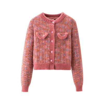 Pink Purple Checkerboard Fashion Bespoke Sweaters Elegant Womens Button Cardigan