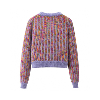 Pink Purple Checkerboard Fashion Bespoke Sweaters Elegant Womens Button Cardigan