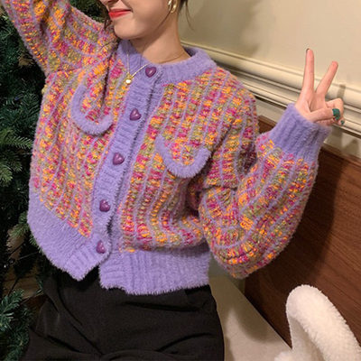 Pink Purple Checkerboard Fashion Bespoke Sweaters Elegant Womens Button Cardigan