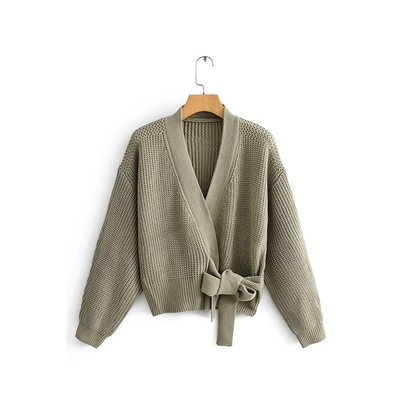 Pure Color Ladies Lace Up Knit Sweater Spring Autumn Lantern Sleeve Sweater