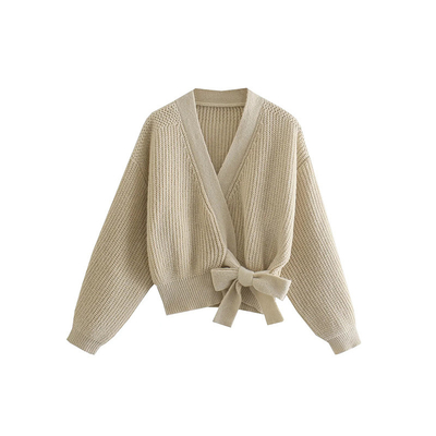 Pure Color Ladies Lace Up Knit Sweater Spring Autumn Lantern Sleeve Sweater
