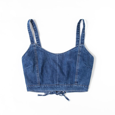 OEM Euramerican Fashionable Cross Bind Cropped Denim Vest Unlined Denim Suspender Top